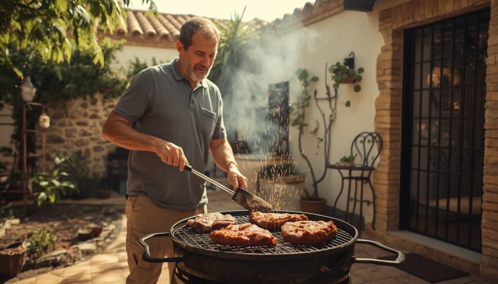 Hombre español cocinando barbacoa en una gran parrilla de carbón en el patio de una villa privada, saltan chispas del fuego.