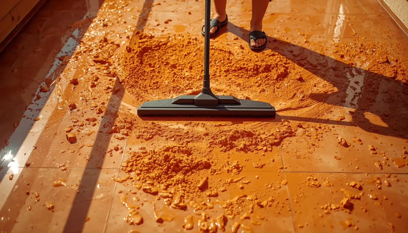 Limpieza de calima en una terraza con racleta de agua y manguera