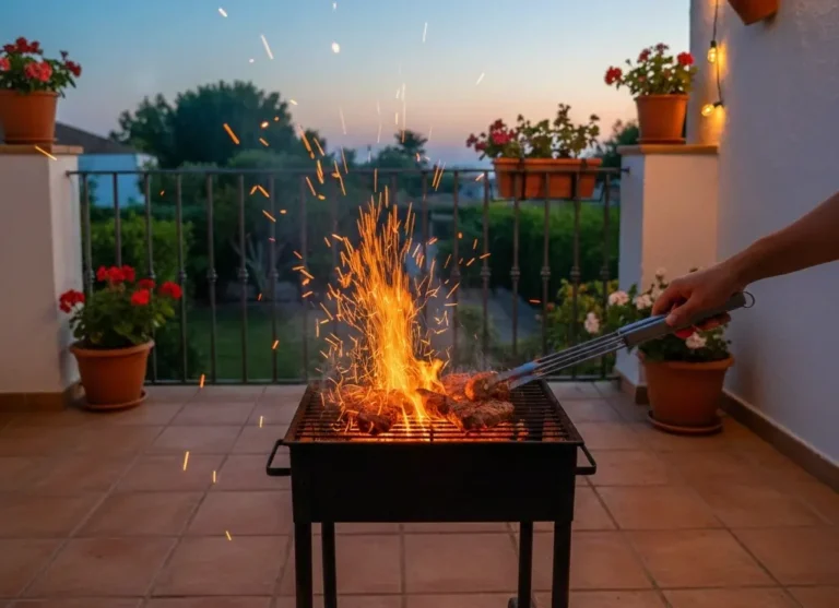 Barbacoa con chispas en una terraza de bungalow en España