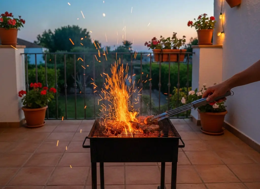 Barbacoa con chispas en una terraza de bungalow en España
