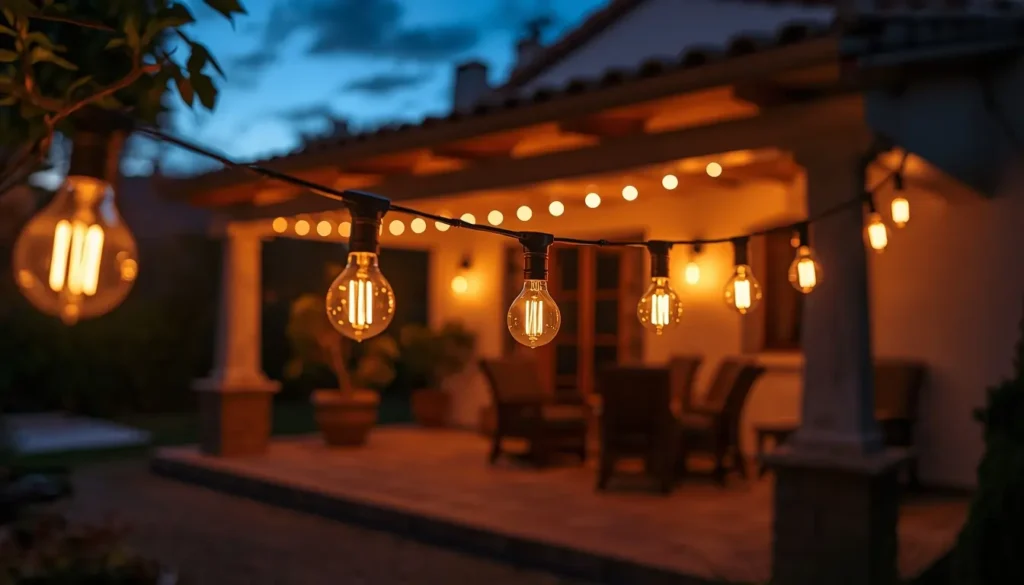 Guirnalda solar exterior LED modelo Allegra con luces tipo Edison encendidas en una terraza de noche.