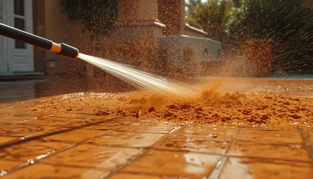 Limpiando polvo de calima con manguera en una terraza de baldosas naranjas en España