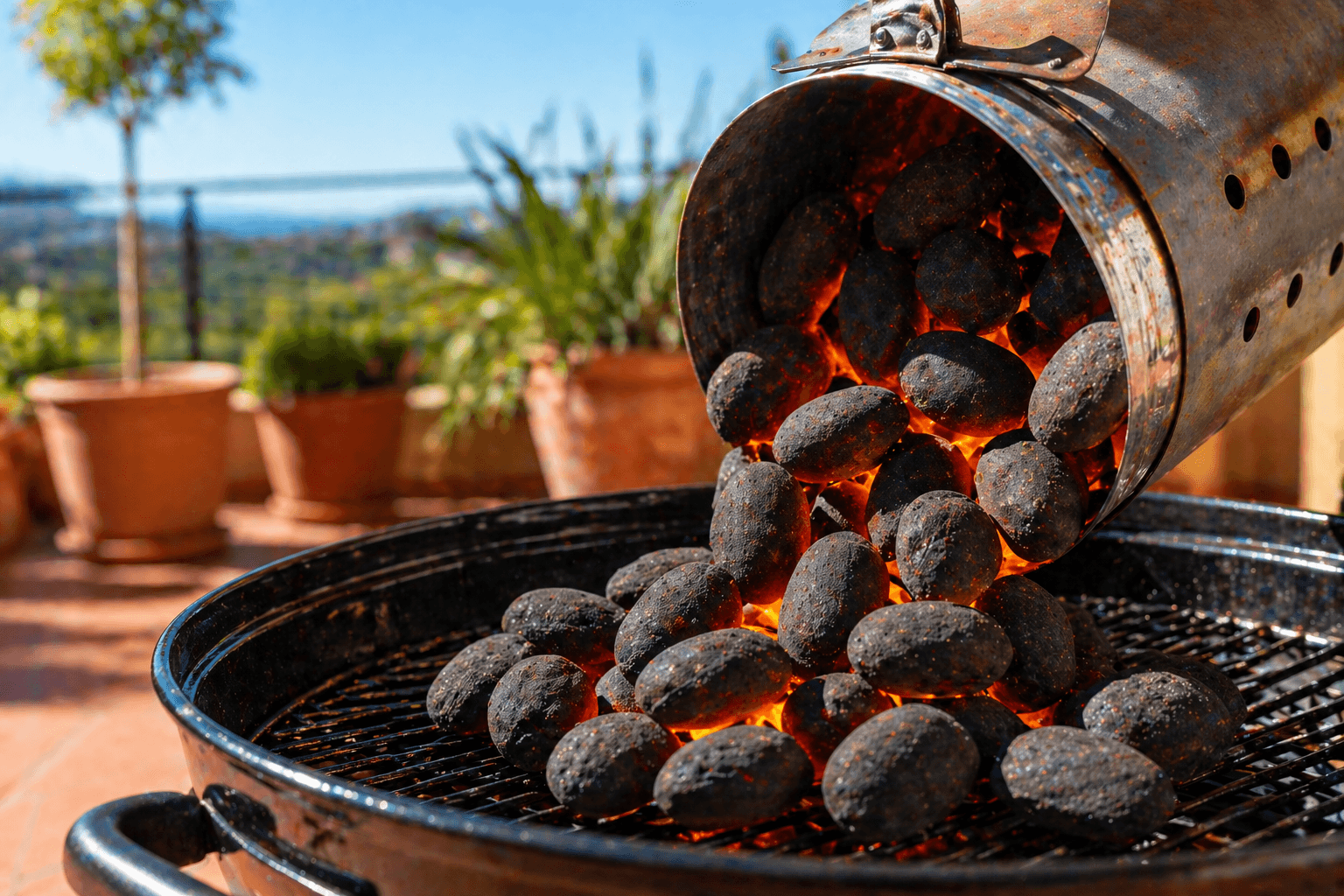 Persona vertiendo briquetas de carbón de coco seguras en una barbacoa en una terraza de España.
