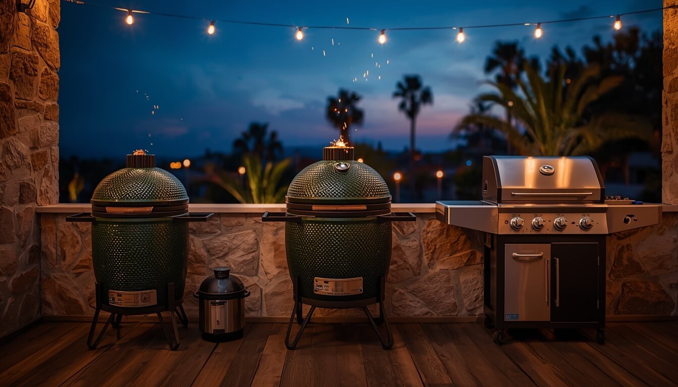 Barbacoa de gas y Kamado cerámico encendidos en una terraza con pequeñas chispas de seguridad bajo el cielo nocturno