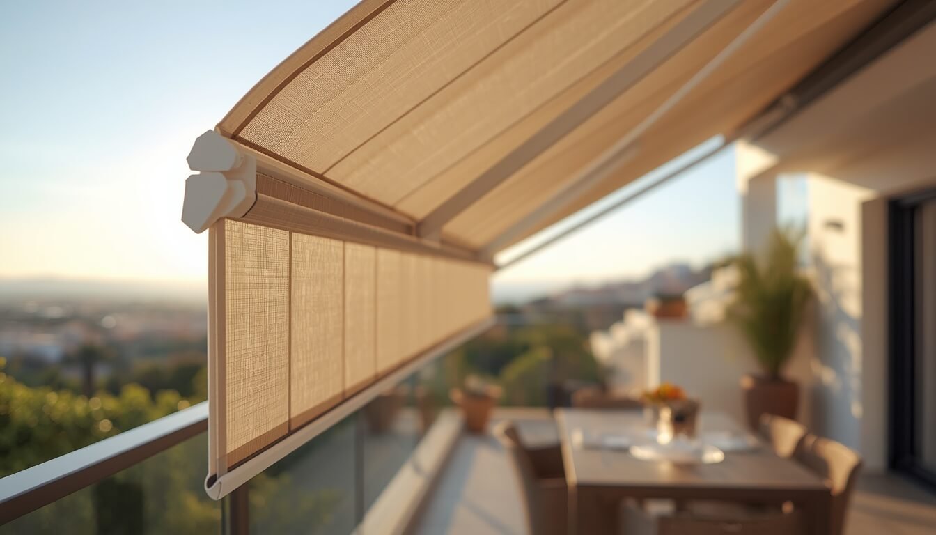 Toldo extendido en una terraza de España con lona de alta calidad que genera sombra y protección solar.